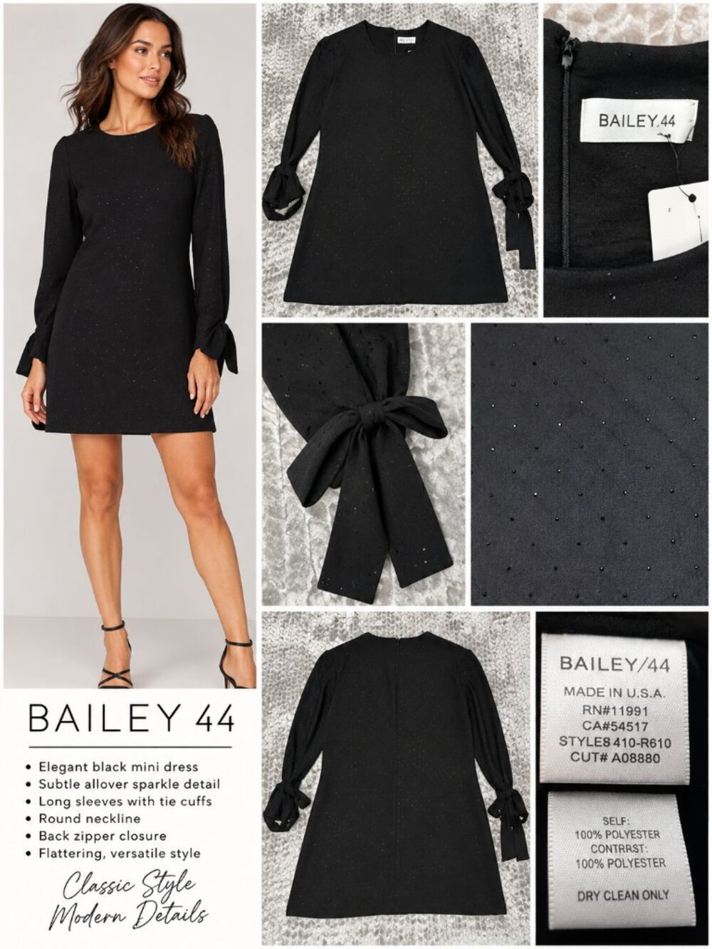 Bailey 44 Black Embellished Mini Dress Size S Tie Cuff Long Sleeve Made USA